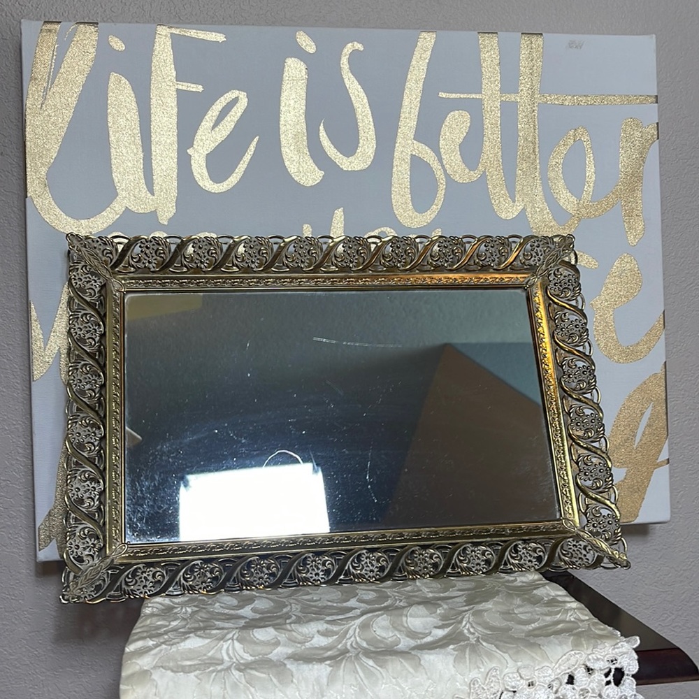 Vintage Hollywood Regency Mirror Tray Frame Ornate 10x15”  Coffee Table Decor